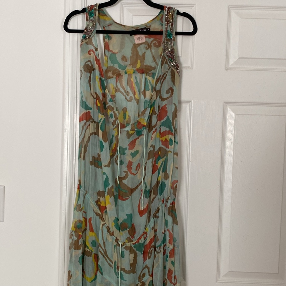 Antik Batik Sheer Silk Maxi Dress Blue Green Red Yellow Small
